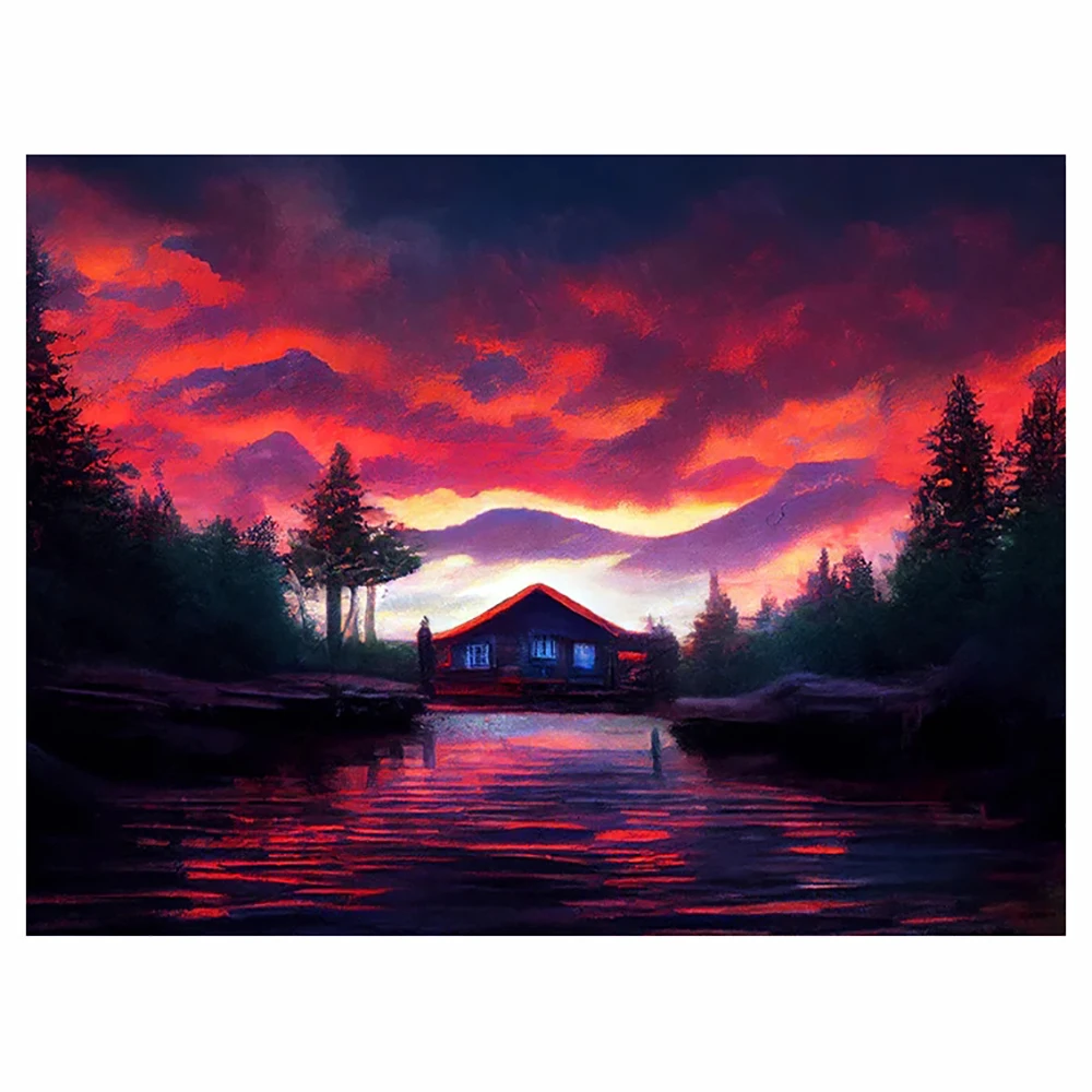 

DIY 5D diamond painting cottage at sunset cross stitch set Full diamond embroidery mosaic landscape decorative painting gift