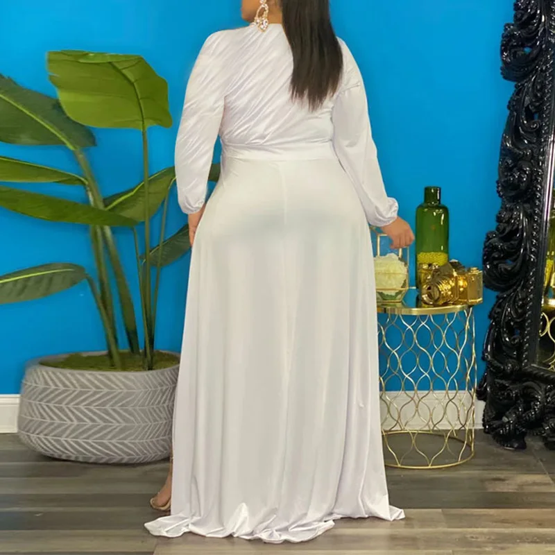 Solid Round Neck Plus Size Spring Autumn Clothes for Women Pleated Patchwork Ruffles Long Sleeve Casual Irregular Maxi Dresses