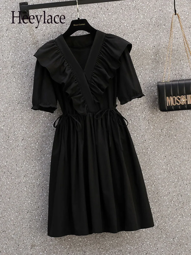 

Женское мини-платье с пышными рукавами, черное плиссированное платье составного кроя с V-образным вырезом, высокой талией и оборками в Корей...