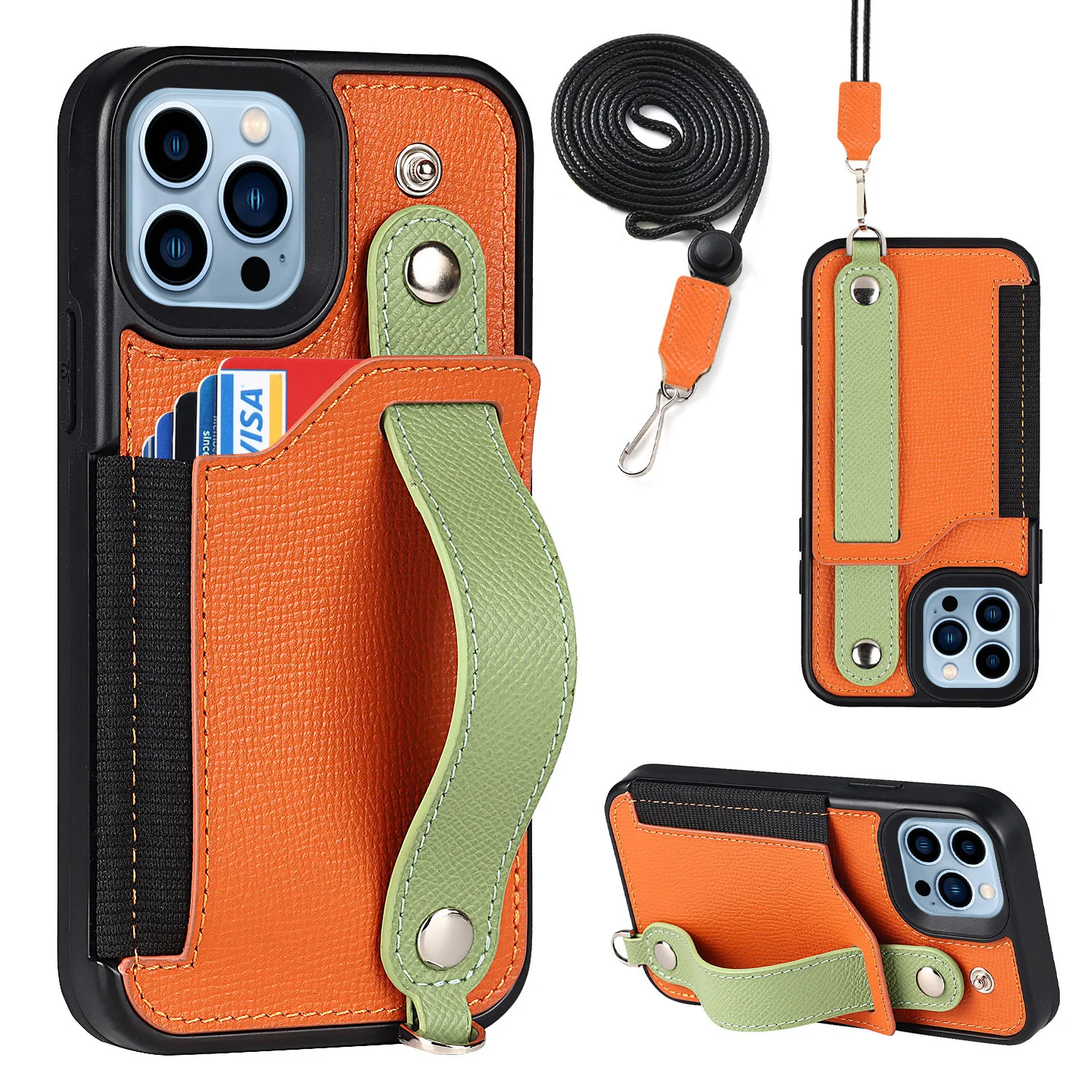 

Кожаный чехол с ремешком на запястье для IPhone 13 12 Mini 11 X XR XS Pro Max 7 8 Plus, держатель для кредитных карт, чехол с откидной ножкой и ремешком на плечо