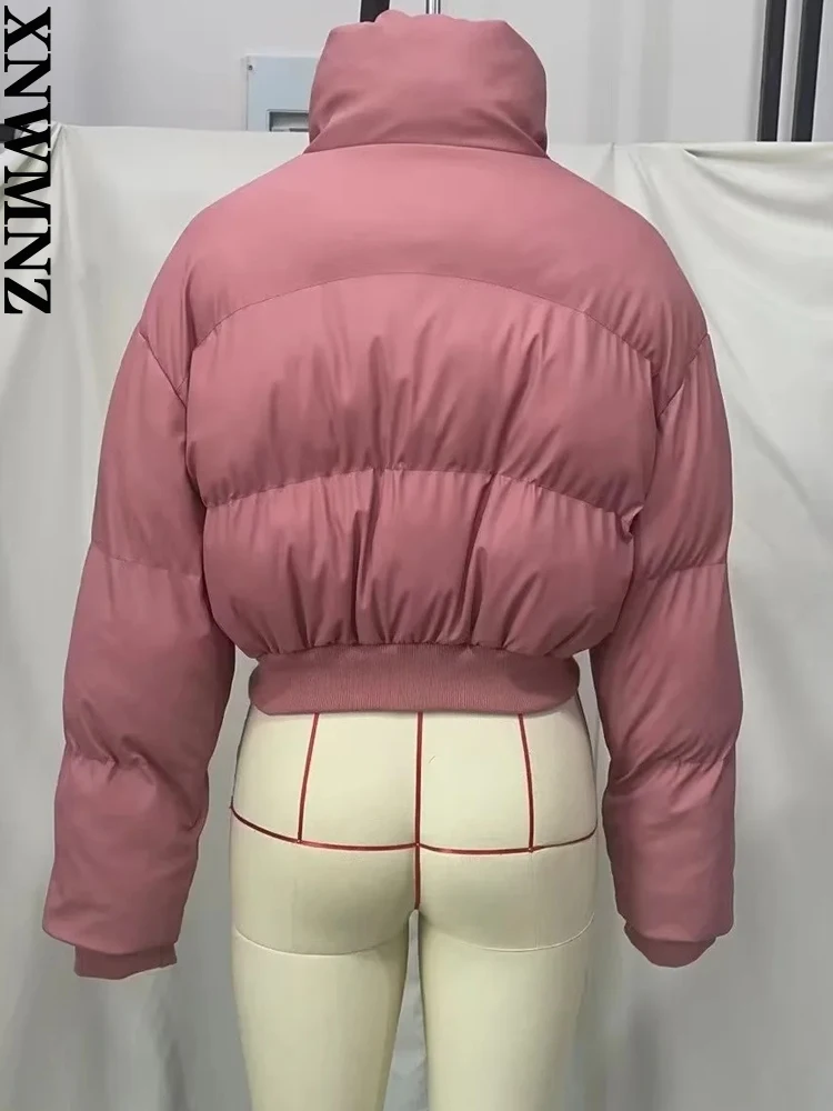 XNWMNZ 2022 Women Fashion Autumn Winter PU Faux Leather Short Parka Woman Casual Solid Color Zipper Warm Jacket Coat Female