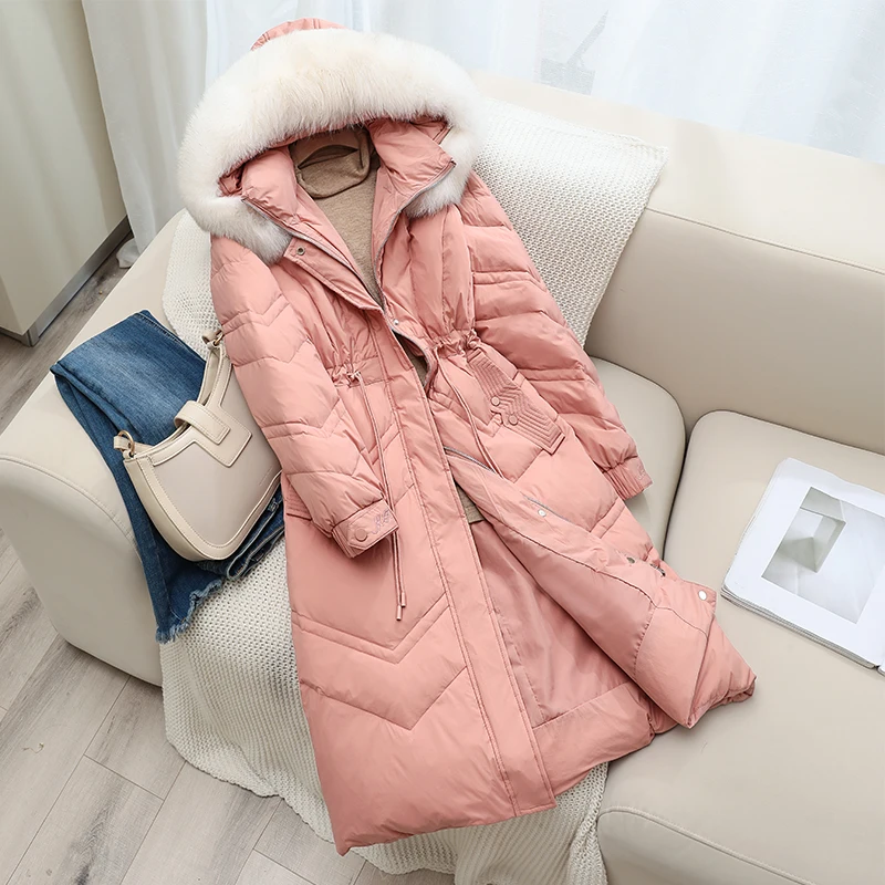 New Women Fox Fur Collar Long Down Jacket Casual Style Autumn Winter Coats And Parkas Female Outwear