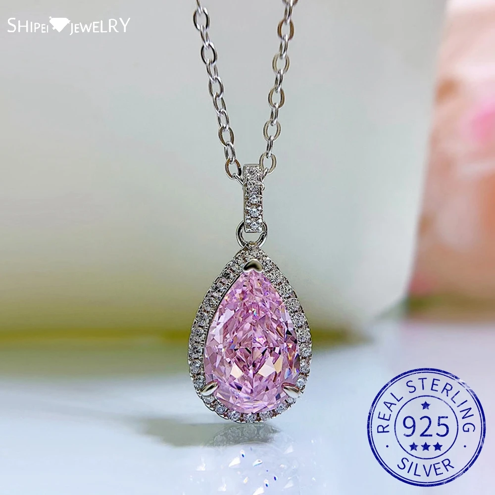 

Shipei 100% 925 Sterling Silver Pear Cut Created Moissanite Pink Sapphire Citrine Gemstone Party Pendant Necklace Fine Jewelry