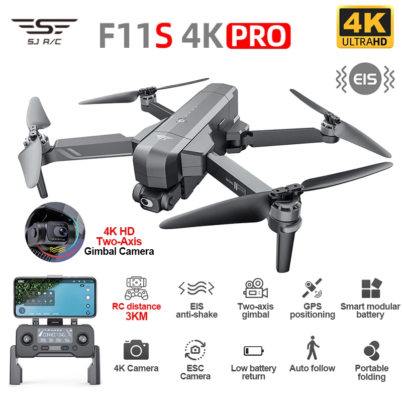 

SJRC F11S 4K Pro Drone With Camera 3KM WIFI GPS EIS 2-axis Anti-Shake Gimbal FPV Brushless Quadcopter Professional F11 RC Dron