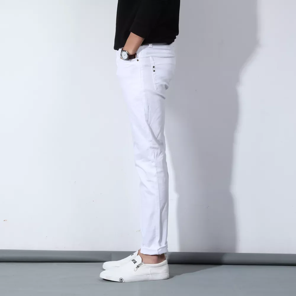 2022New New Autumn Men's Pure White Cotton Jeans Fashion Casual Slim Stretch Pants Male Brand Clothes