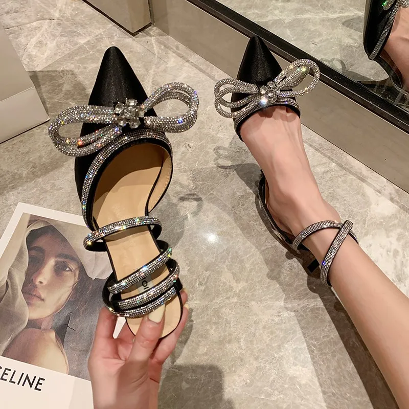 

Spring Autumn 2022 Women's Shoes Fashion Butterfly-Knot Narrow Band Bling Patchwork Cross-Tied Crystal Pointed Toe Pumps