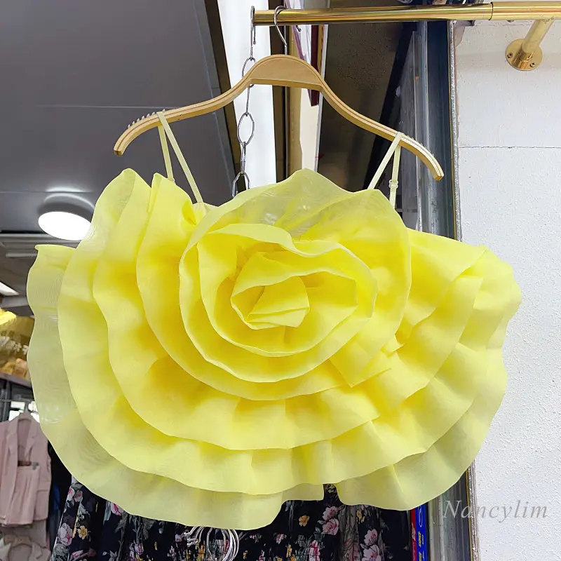 

Женская шифоновая блузка с открытыми плечами, трехмерная блузка из органзы на бретельках с цветочным принтом, топ для отпуска, Y2K, лето 2023