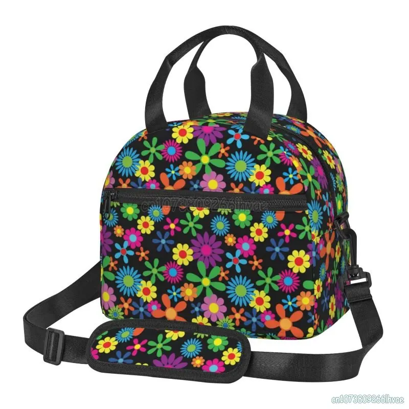 

Hippie Flower Pattern Insulated Lunch Bags for Women Resuable Cooler Thermal Tote Bag Lunch Box Travel Work Picnic Shoulder Bag