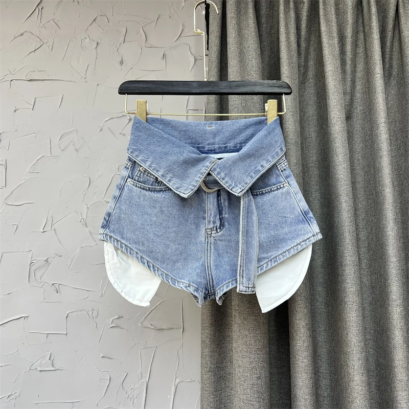Fashion Style Design Sense Flanging High Waist Wide-Leg A-line Shorts Fluorescent Color Hot Girl Exposure Pocket Denim Hot Pants