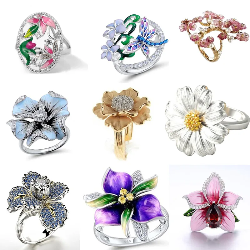 

Ofertas 2021 Flower Leaves Plants Series Jewelry Trendy Creative Zinc Alloy Female Ring for Women Party Engagement Jewelry