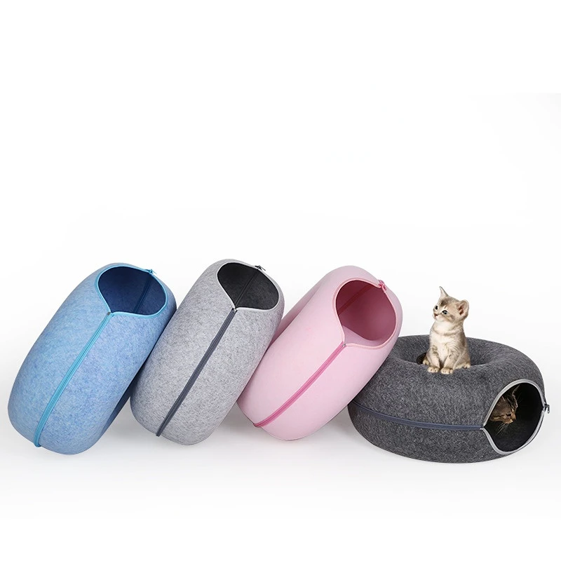 

Felt Cat Nest Bed Interactive Tunnel Toys Pet Bed for Cats Kitten Puppy Half Closed Donut Shape Cave Beds Tunnel House Basket