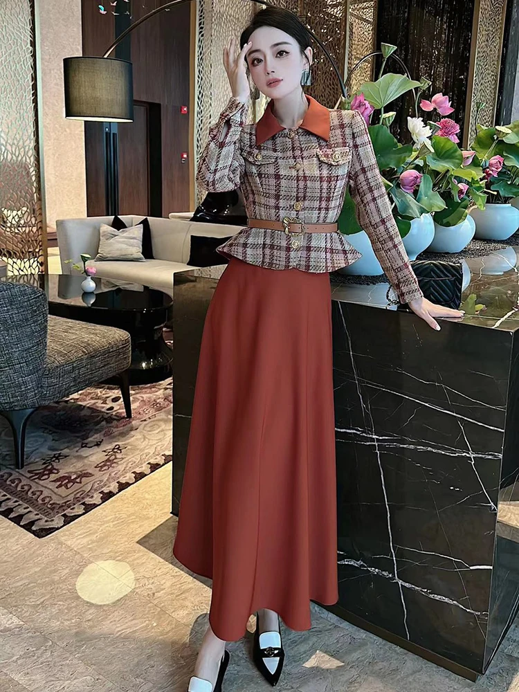 

Elegant Tweed Jacket Blazer Suits Print Skirt 2 Piece Dress Sets Women Outfit 2023 Autumn Winter Conjuntos De Falda Vestido