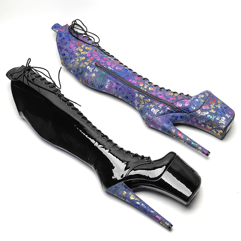 Leecabe  20CM/8inches Shiny PU two color mix color  High Heel platform Boots closed toe Pole Dance boots