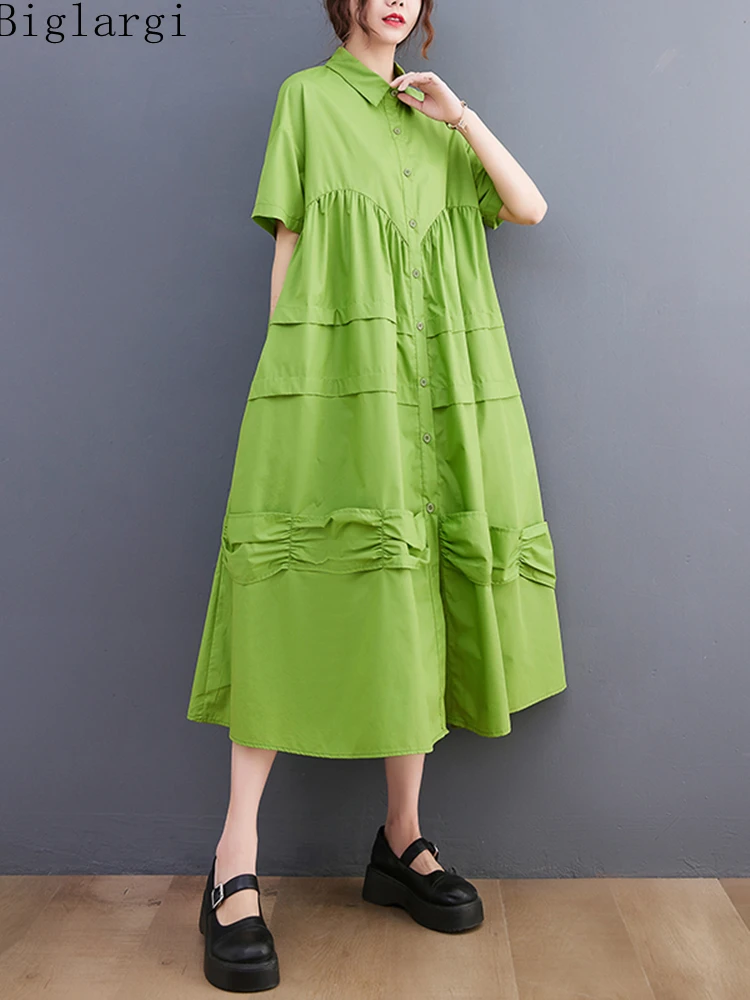 

Oversized Casual Ruffels Shirt Dress Summer Woman Loose Big Size Korea Ladies Pleated Shirts Dresses Chic New Cardigan Dress