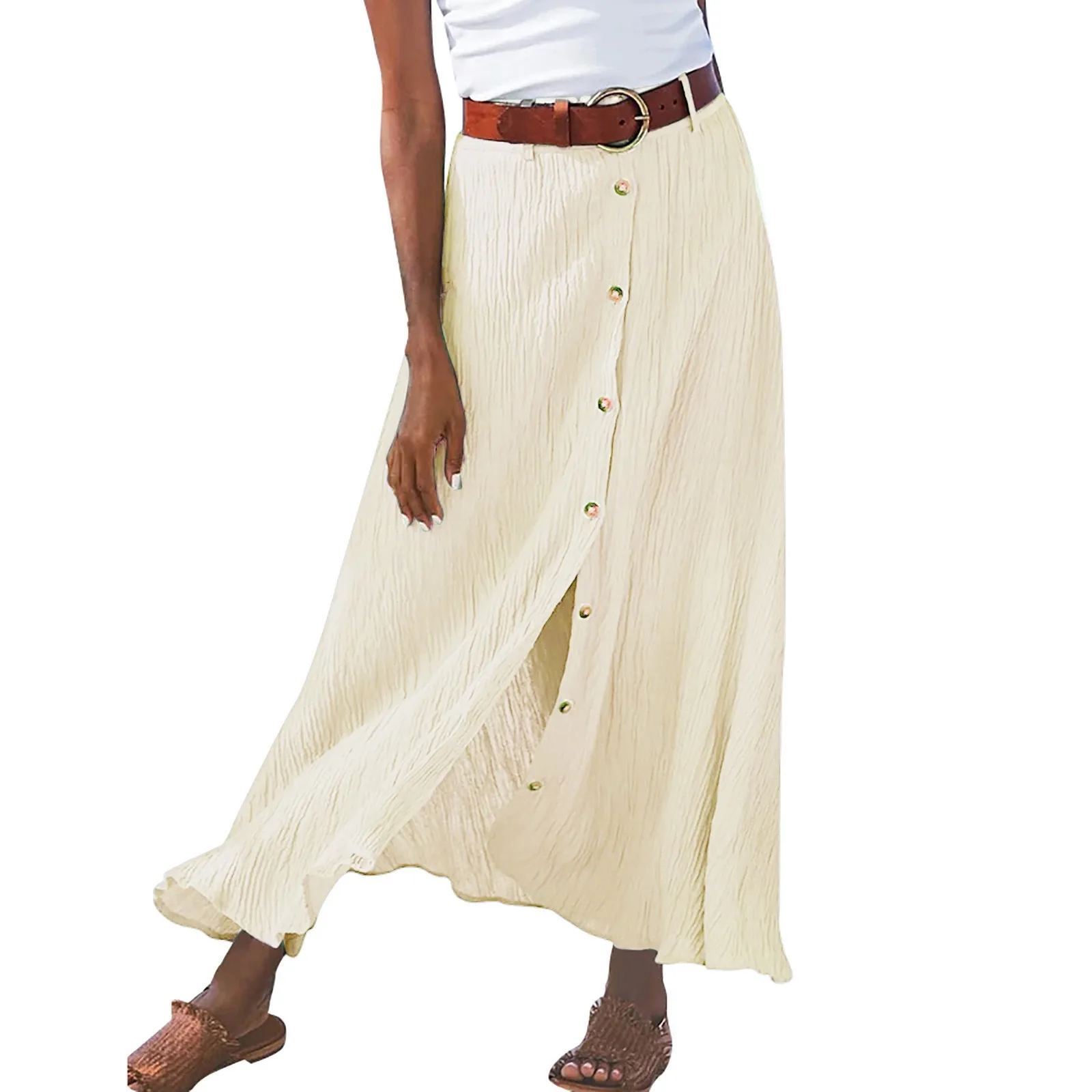 

Ladies Summer Solid Cotton And Linen Half Length Slit Hip Midwaist Dress
