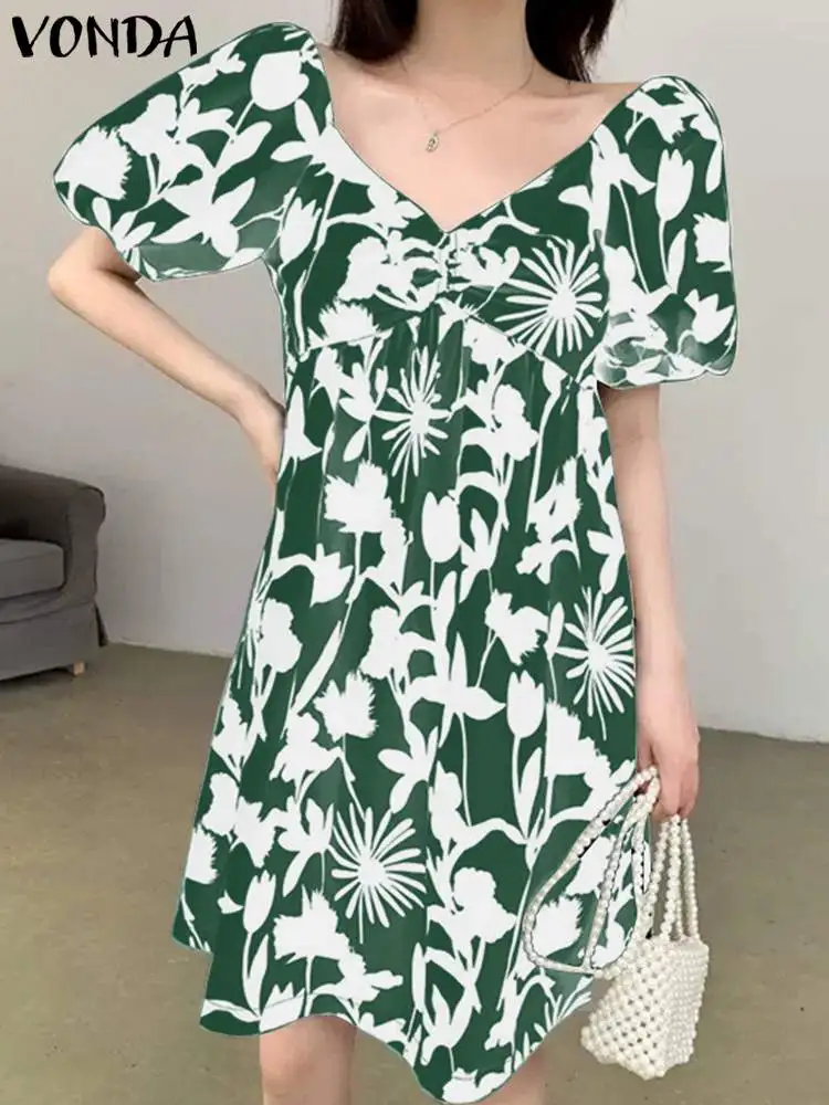 

Платье VONDA в богемном стиле женское с коротким рукавом-фонариком, свободный пикантный Повседневный пляжный Мини Сарафан с V-образным вырезо...