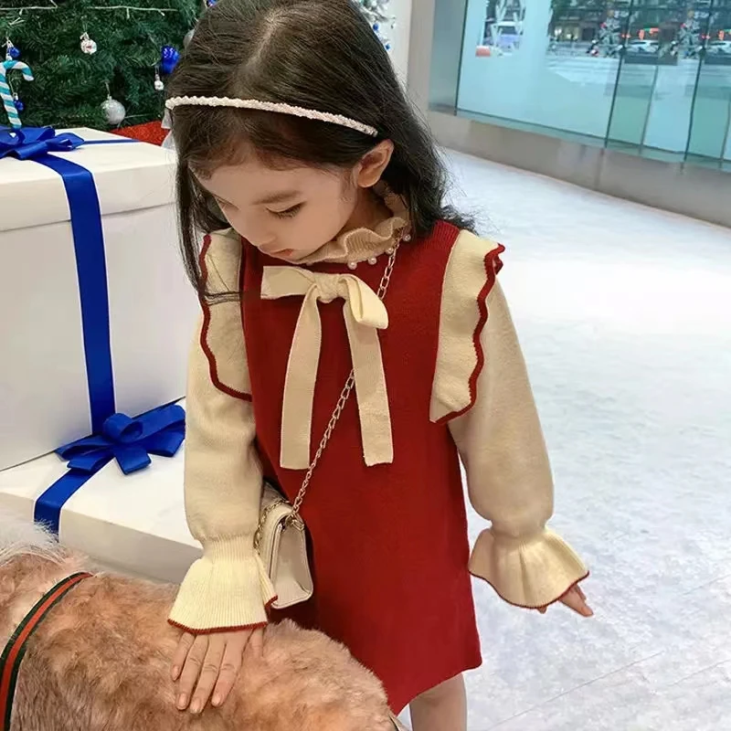 

Children Christmas Autumn Winter Girls Bow Petal Sleeves Heart Patchwork A-line Fashion Knitted Dress Long Sleeve Ruffles Above