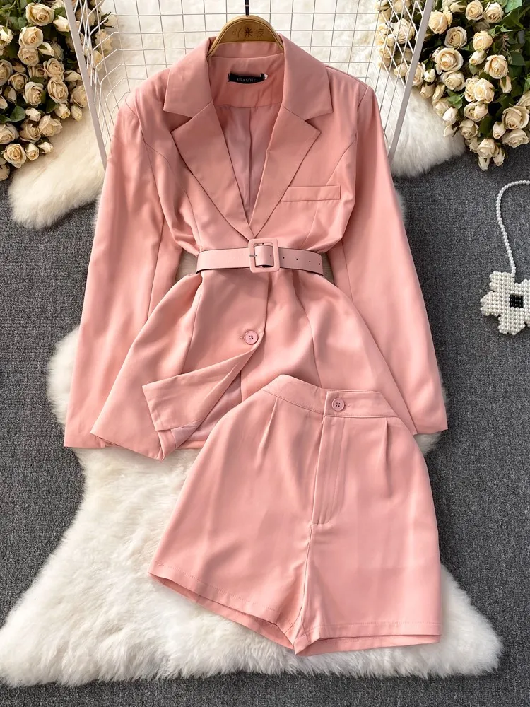 

Office Ladies Elegant Business Blazer Suit Summer Women Vintage Long Sleeve Jackets With Belt & Shorts 2 Pieces Set Work Clothes