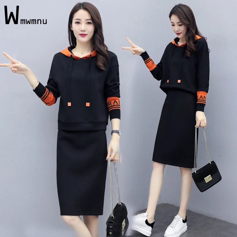 

Женский костюм с капюшоном и надписью, комплект из двух предметов, Топ с длинным рукавом и прямая юбка с высокой талией, весна-осень