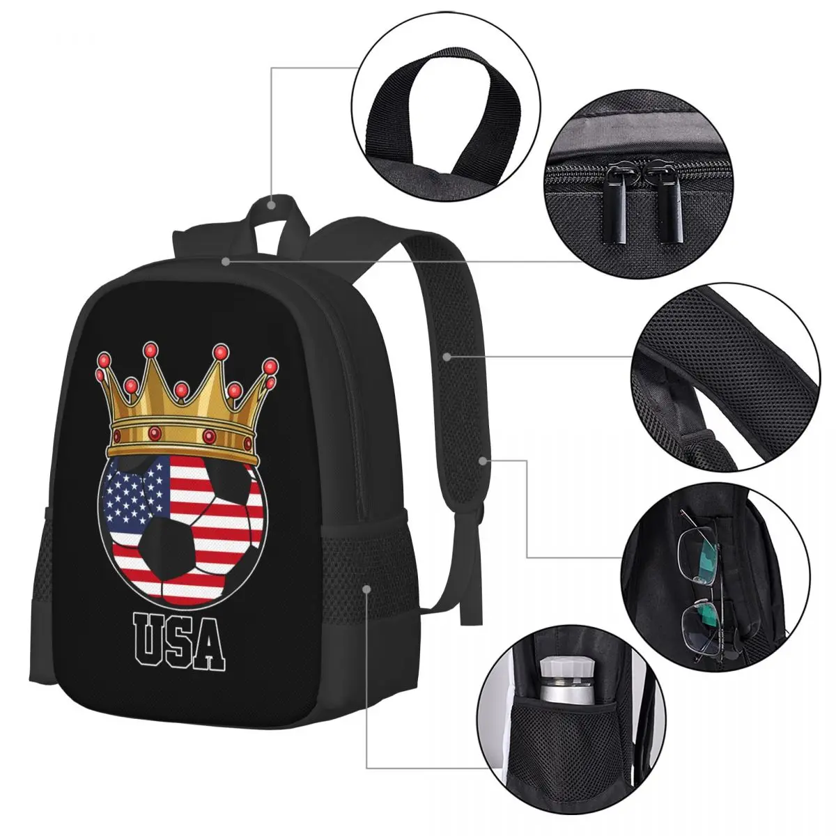 

United States Usa America Soccer King Backpack Middle School Student Schoolbag Casual Back Pack Travel Bag Unisex Backpack