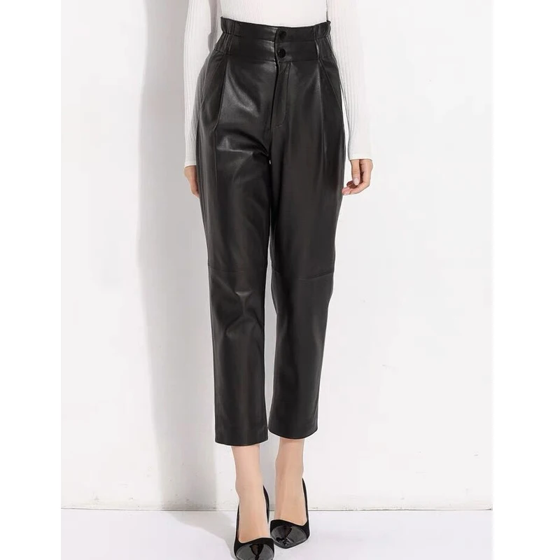 Genuine Leather Pants Women Spring Winter 2022 New Fashion Elastic High Waist Pants Women Plus Size Harem Pants Casual Trouser F