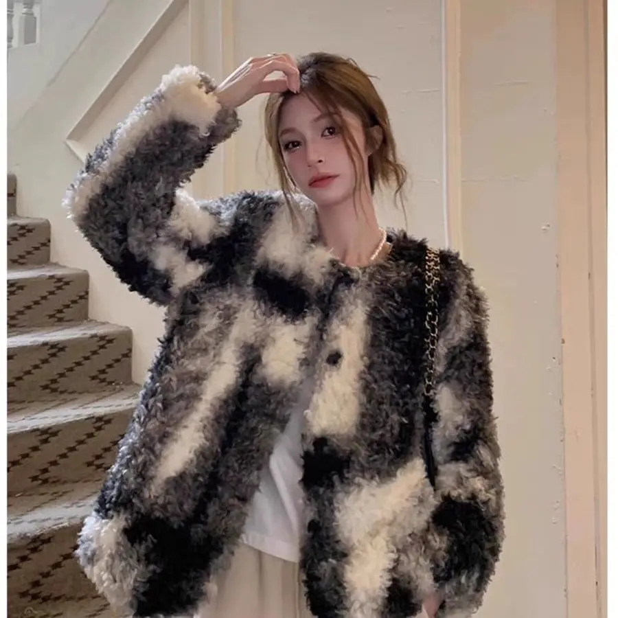 Женская пушистая куртка из искусственного ягненка с принтом меховое пальто зима