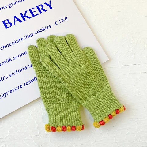 Женские осенне-зимние перчатки, зеленые элегантные Теплые повседневные длинные белые винтажные перчатки для сенсорного экрана, вязаные уличные перчатки 2023