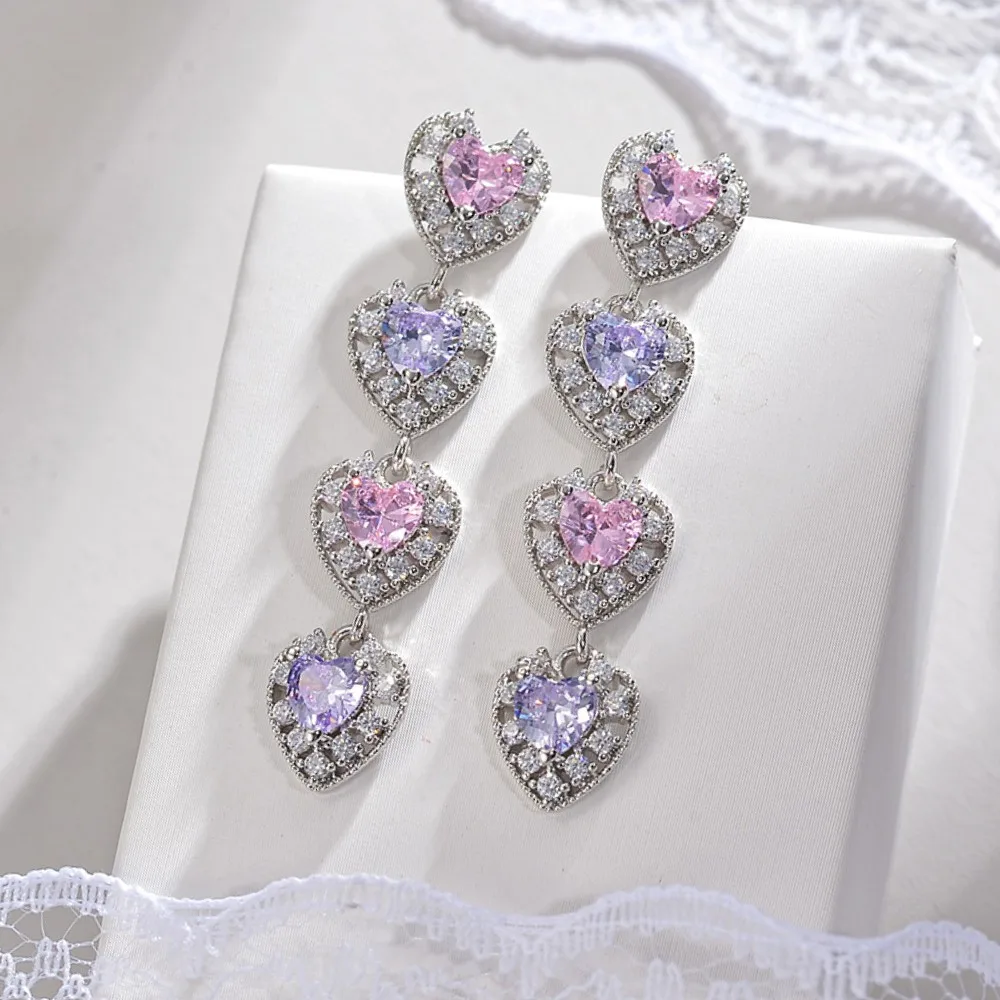 

Upscale Classic 925 Silver Shine Dazzling Zircon Hanging Heart Dangle Earrings for Women Temperament Statement Wholesal Jewelry