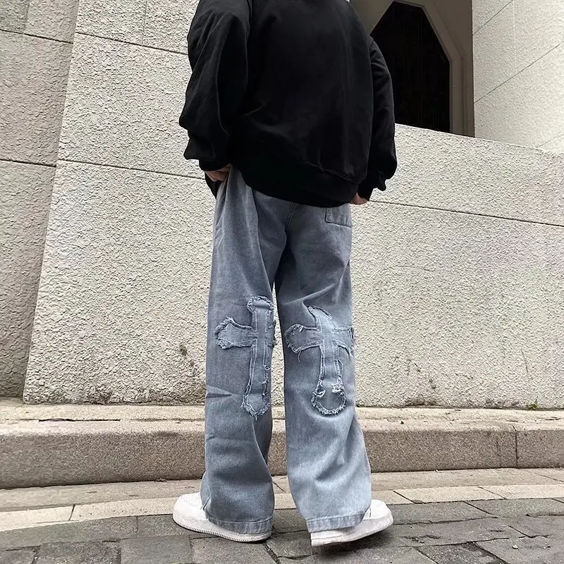 Cross Stickers Personality Jeans Men and Women Ins Tide High Street Drape Loose Straight Wide Leg Daddy Pants