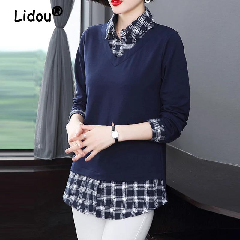 Купи New Korean Plaid Patchwork Pullover Basic Tunic Ladies Tops Autumn Casual Slim Long Sleeve Elegant Cotton T Shirt Women Clothing за 1,088 рублей в магазине AliExpress