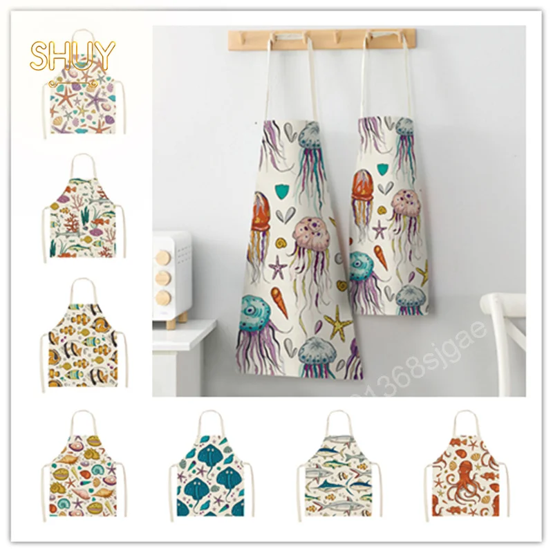 

Marine Organism Print Apron Dolphin Jellyfish Aprons for Women Octopus Conch Cafe Men Cleaning Bib Kitchen Baking oil-proof Bibs