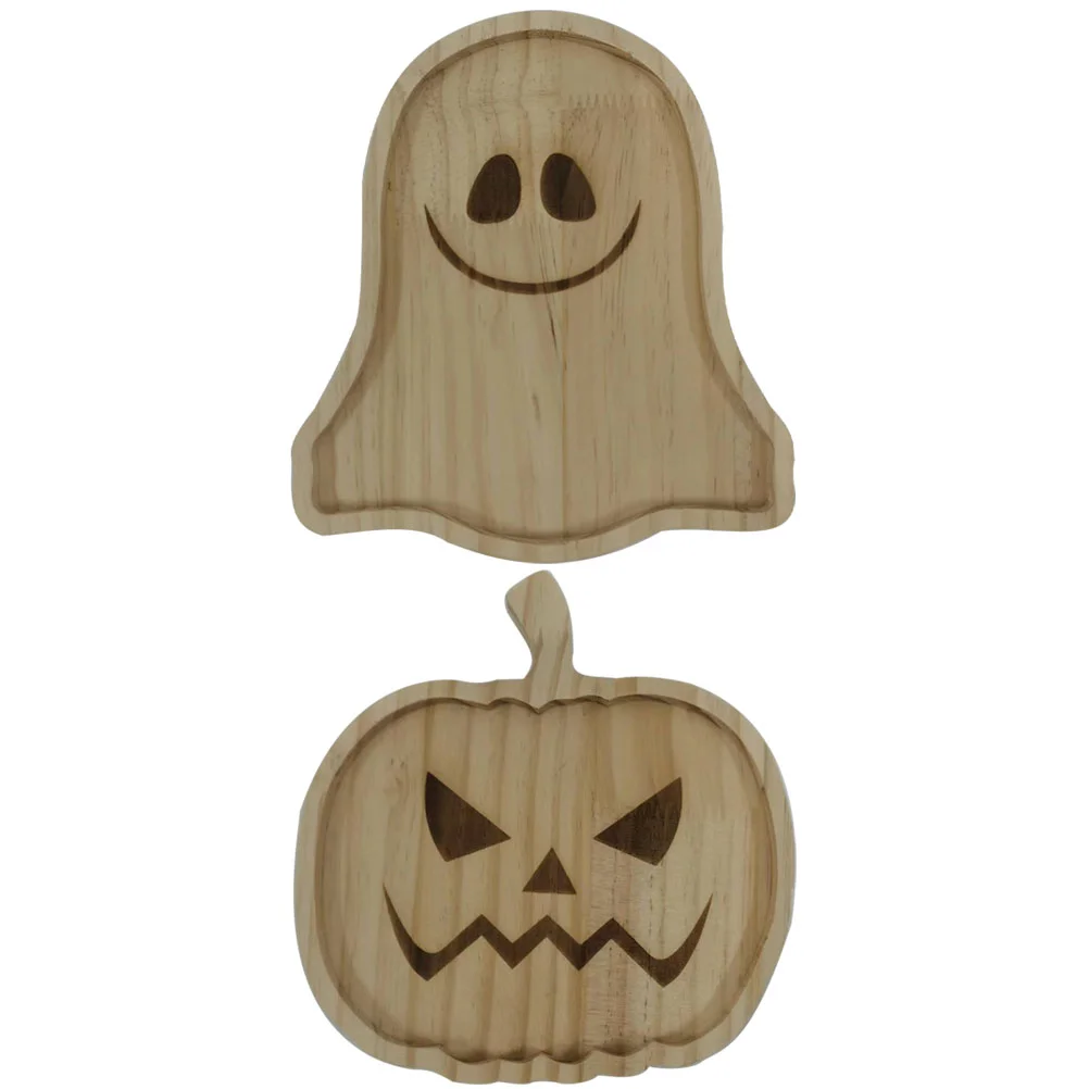 

2pcs Halloween Themed Tray Wood Snack Plate Fruit Serving Tray Multi-use Wooden Food Serving Plate