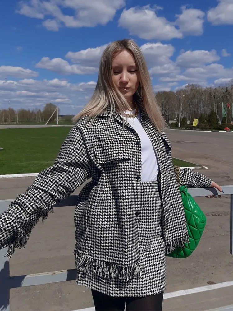 Women's Shirts JacKets Loose Blouses Femme Plaid Long Sleeves Houndstooth Spring Outwear Workwear New Design Mujer Blusas TRF