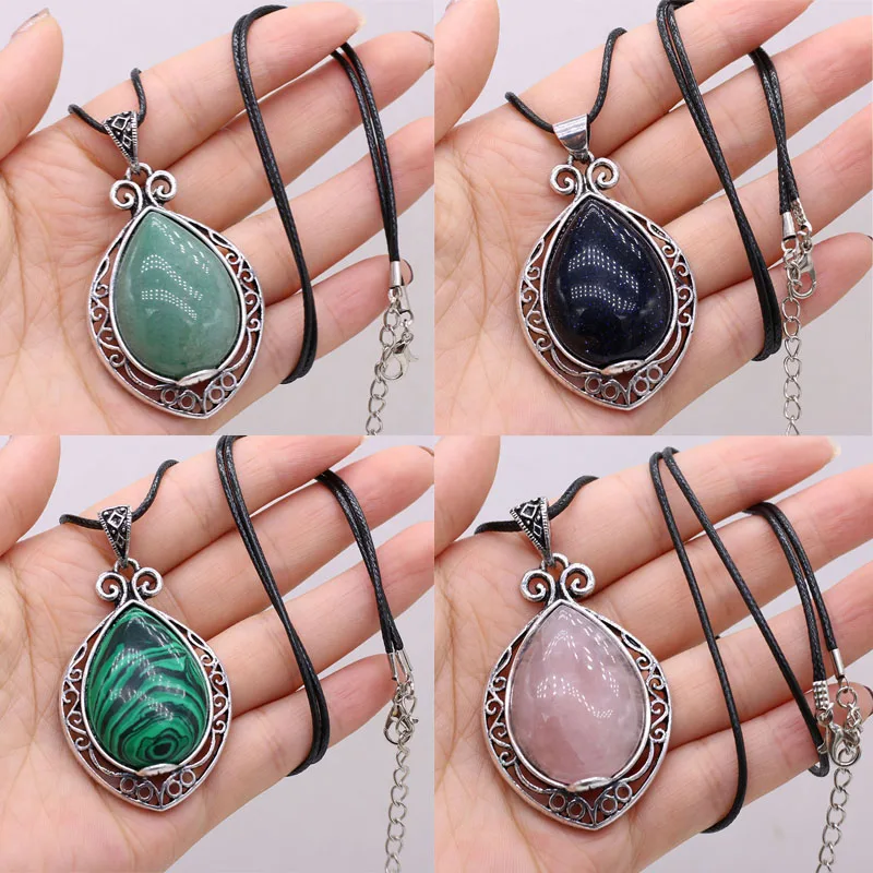 

45cm Natural Green Aventurines Blue Sand Rose Quartzs Stone Leather Rope Pendant for Women Jewelry Necklace Gift Size 35x45mm