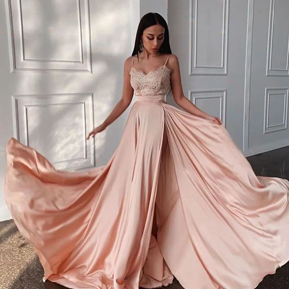 

Simple Spaghetti Straps Prom Dress Sweetheart Lace Party Gown High Split Slit Evening Dress Sexy