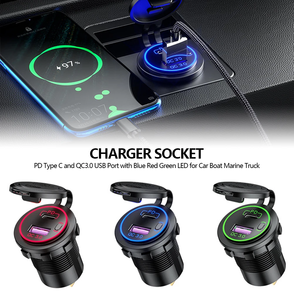 60w pd type cqc 3 0 usb charger with switch socket power outlet adapter waterproof for 12v 24v car truck boat rv motorcycle free global shipping