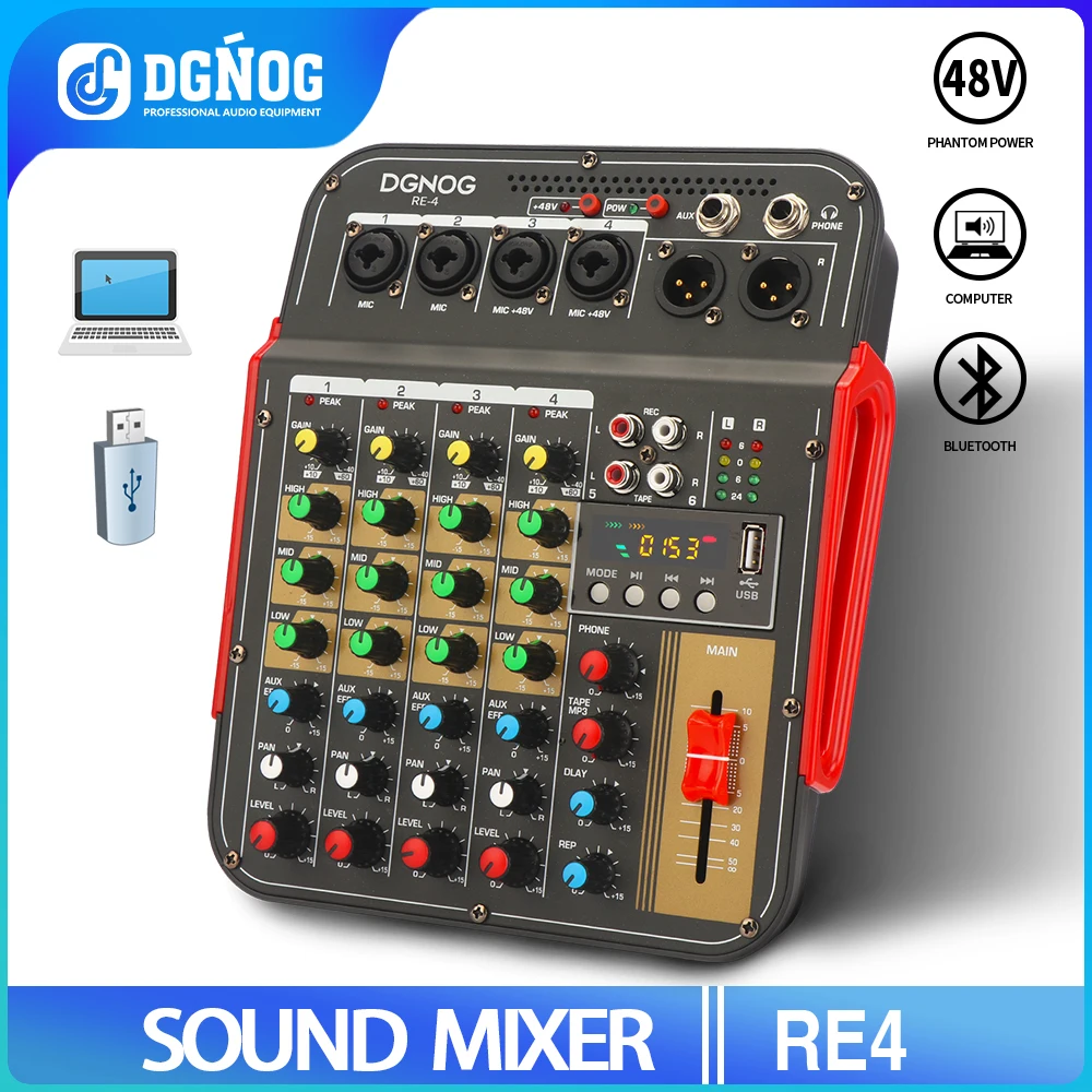 

DGNOG Audio Mixer RE4 4-channel Aux Effec with XLR Output and 48V Phantom Power for Professional Studios and Music Lovers