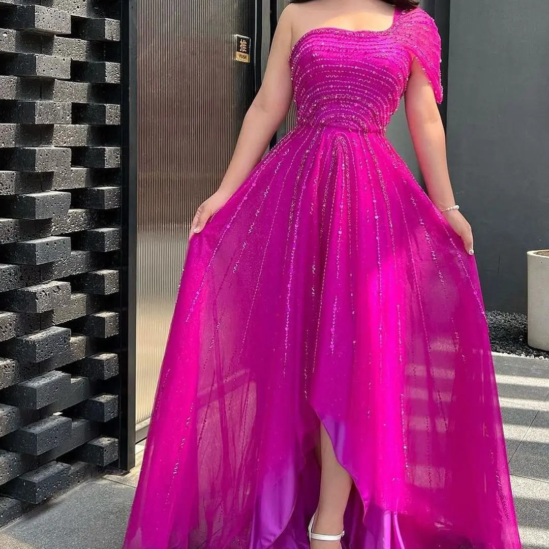 

Sapmae One-shoulder Beaded Zipper Up A-line Court Train For Women Beautiful Cocktail Prom Evenning Formal Party Dress