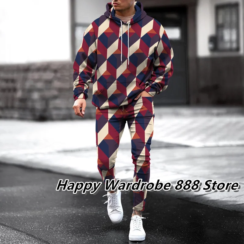 Mens Fleece Hoodies and Trousers 2 Piece Set Stripe Patchwork  Sweatshirts Sweatsuit Man Casual Tracksuits Autumn Clothes Outfit