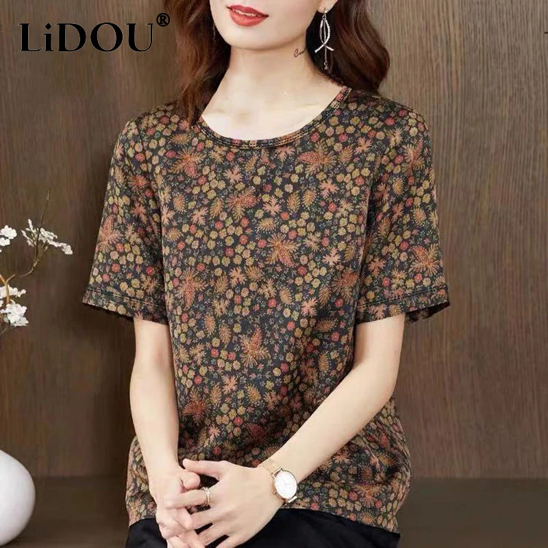 

Женская футболка с коротким рукавом, повседневный Универсальный пуловер с круглым вырезом и винтажным принтом в этническом стиле, лето 2023