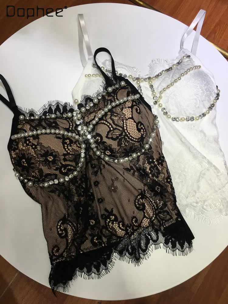 

Модные укороченные топы в Корейском стиле, Привлекательный Топ с бусинами для тяжелой промышленности, женская кофта, Новинка лета 2023, короткий топ, кружевной топ, женская одежда