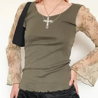 2000s vintage top women mesh long flared sleeve floral aesthetic patchwork t shirt fairycore grunge clothes autumn streetwear