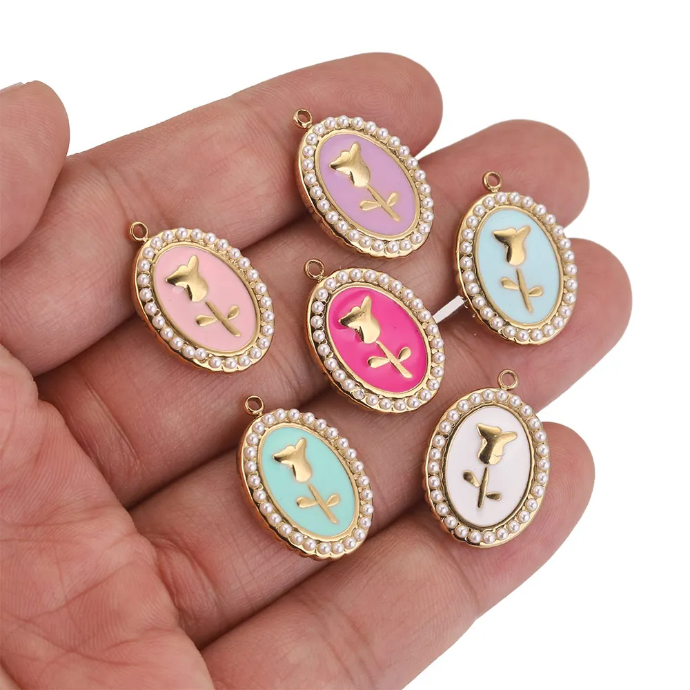 

4pcs/lot Stainless Steel Enamel Gold Plated Boho Oval Rose Earring Charms Dangles Pendants for DIY Necklace Jewelry Making Metal