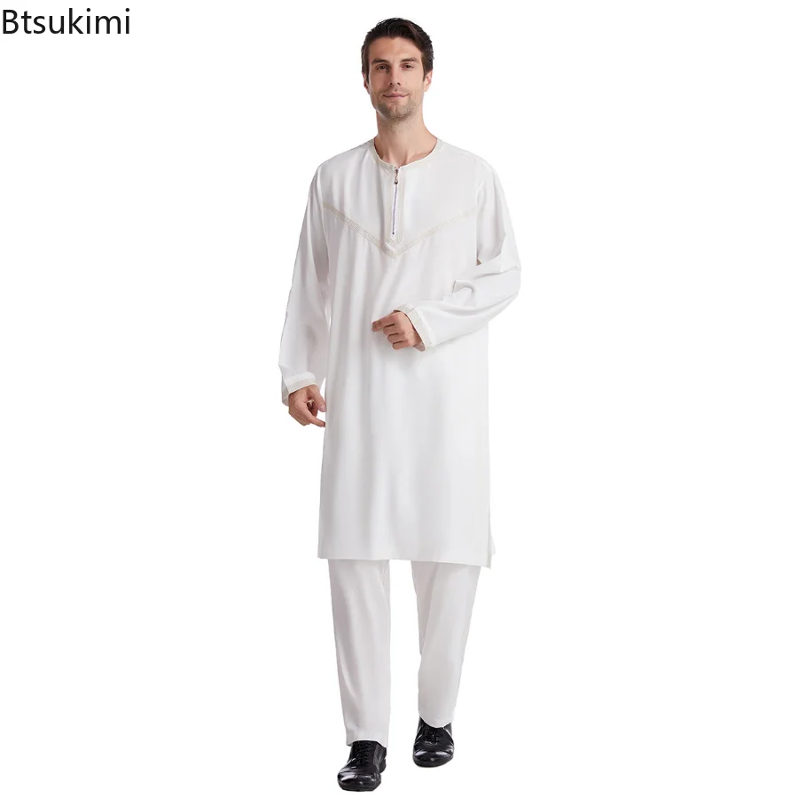 Ramadan 2piece Long Sleeve Plain Solid Muslim Men Clothing Arabic Islamic Abaya Robe Fashion Saudi Arabia Dubai Mens Jubba Thobe