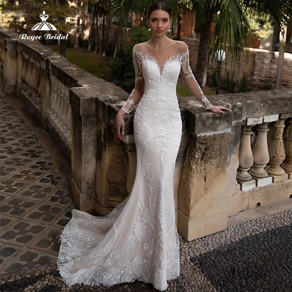 

Gorgeous V neck Blush Applique Lace Mermaid Wedding Dress Button Resort Backless Illusion Sleeve Wedding Grown Party Dresses