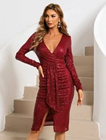 sparkle sexy wear cocktail party dress v neck long sleeve knee length polyester with sequin slit robe de soir%c3%a9e femme
