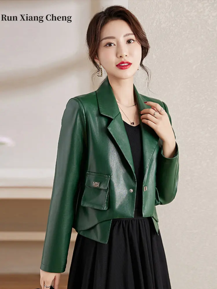 2023 Autumn Short Faux Leather Jacket Women's High-end Korean Slim-fit Overcoat Tailored Collar Elegant Comfy Commuter Style Top