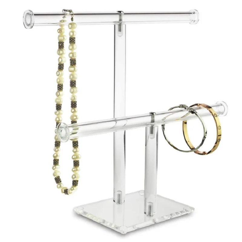 

2 Tier T-bar Acrylic Jewelry Display Stand Necklace Bracelets Watch Storage Rack Holder Transparent Jewelry Hanging Organizer