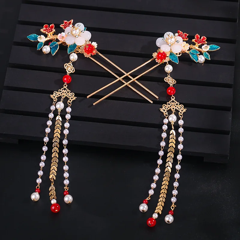 Винтажная заколка Hanfu с кисточками для косплея женский красный цветочный