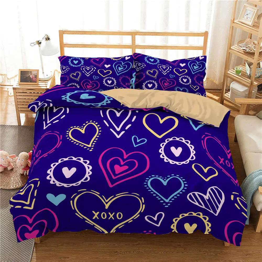 

Love Heart Duvet Cover Set for Girls Kids Cute Love Hearts Comforter Cover Geometric Bedding Set Romantic Polyester Quilt Cover